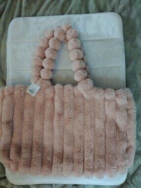 Plush Faux-Fur Pink Tote Bag with Pom-Handle